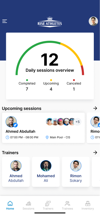 Rise Athletes coach app — daily sessions overview, upcoming sessions, and trainer roster