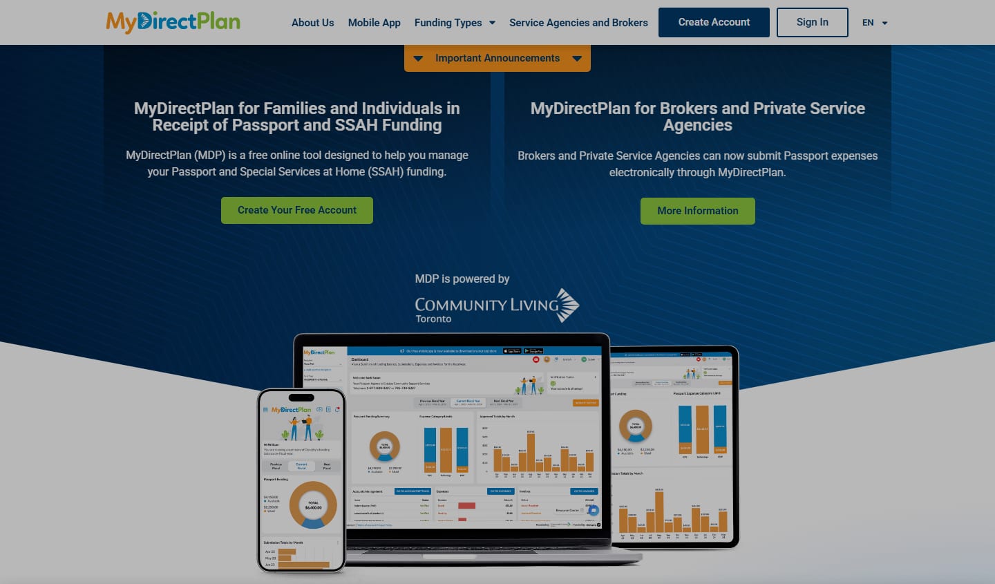 The MyDirectPlan homepage — separate entry points for families receiving Passport and SSAH funding and for brokers and private service agencies, with the funding dashboard shown on phone, laptop and tablet